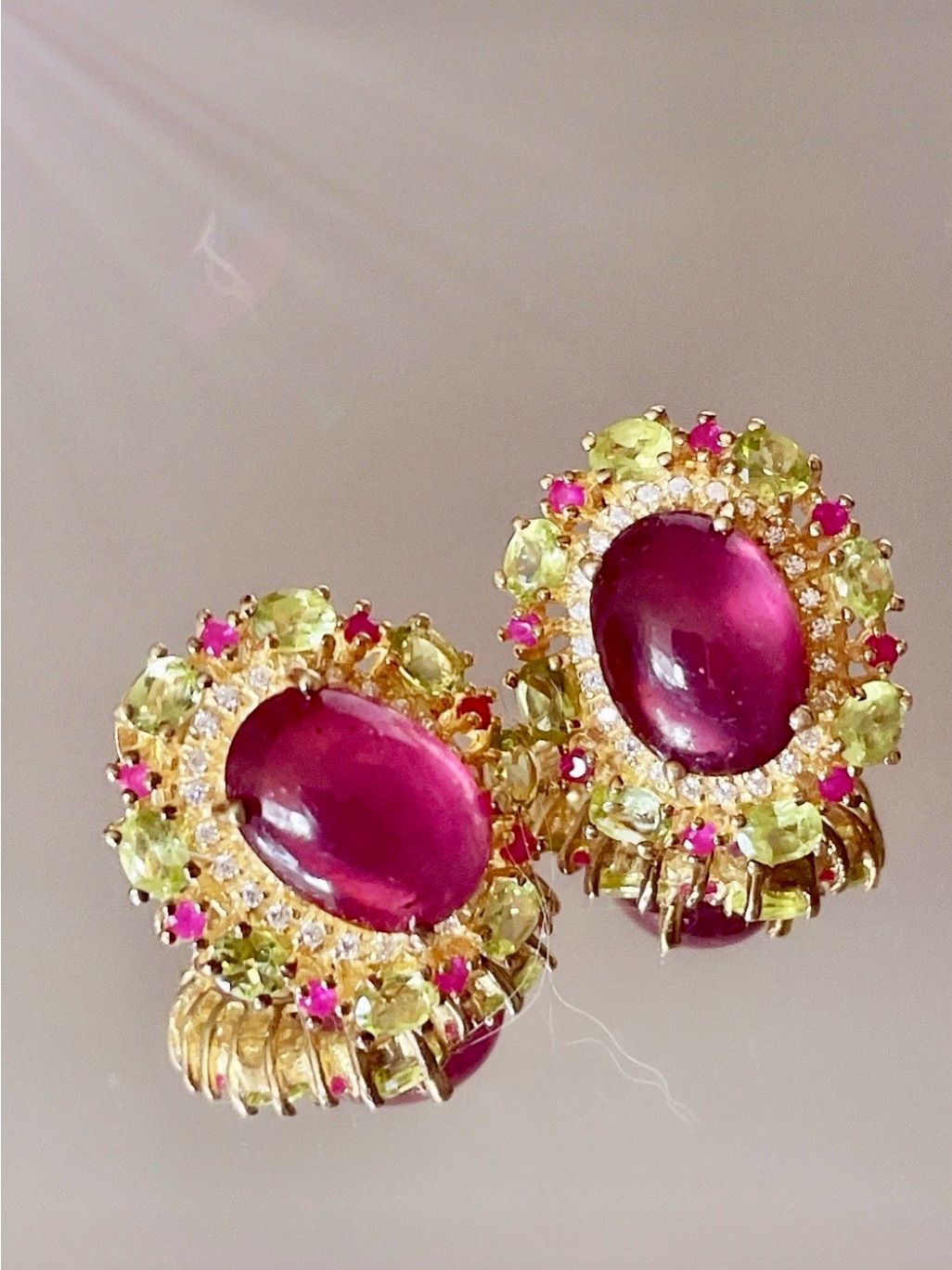 Gold-Plated Natural Ruby Cabochon & Peridot Halo Earrings 57 Tcw